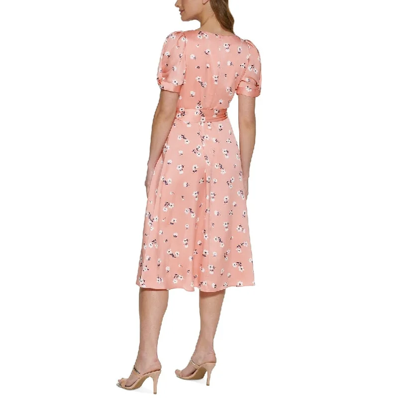 Luxury Classic Dkny Women's Printed Satin Faux Wrap Midi Dress Pink Size 10
