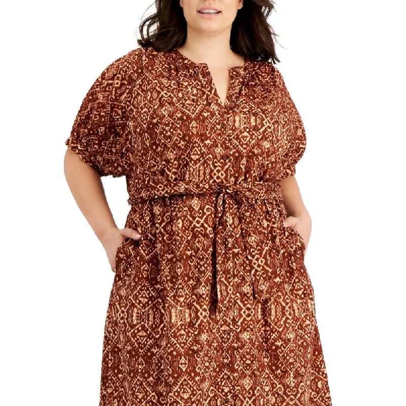 Warm Atmosphere Calvin Klein Women's Cotton Batik Print-Shirt Dress Brown Size 20W