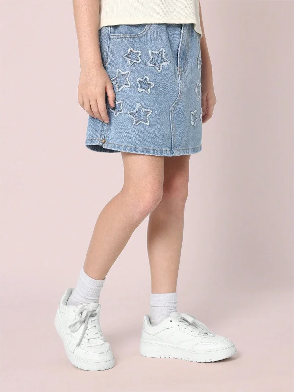 Ultra-lightweight Tween Girls Comfy Denim Skort With Applique Stars