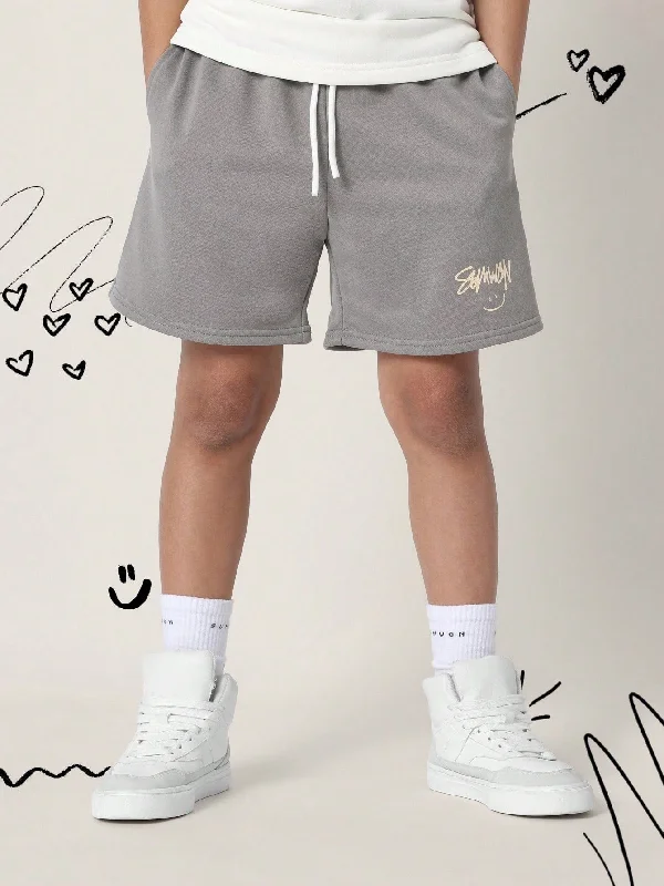 Leisure Travel Tween Boys Comfy Grey Shorts With Small Graphic & Drawstrings