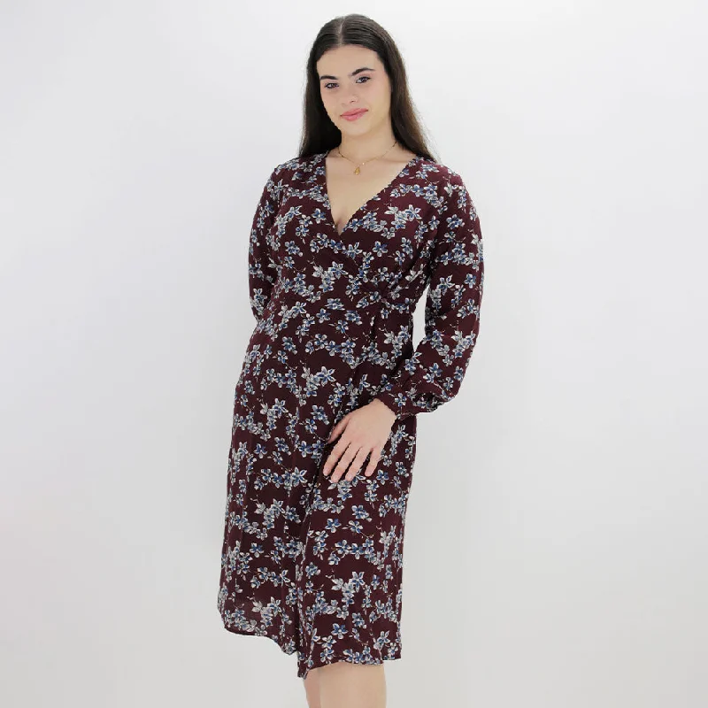 Extra long version Women's Floral Printed Dress,Burgundy