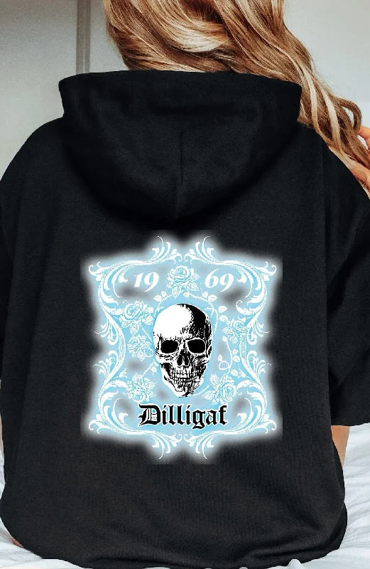 Celebrity Style Smokey Blue Rose Skull Pullover Hoodie