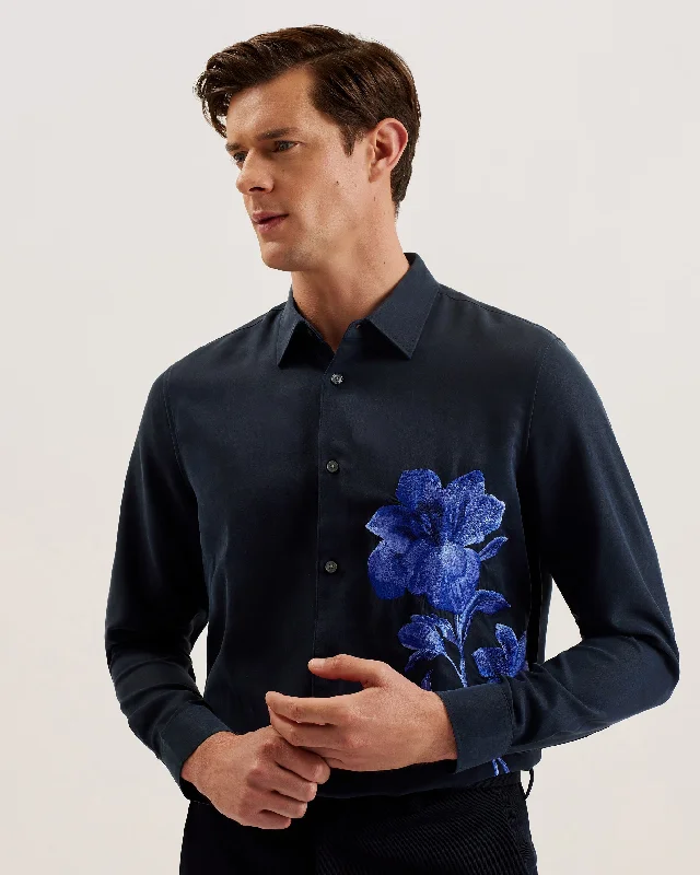 Party Wear Nessmen Ls Relaxed Fit Embroidered Shirt Navy