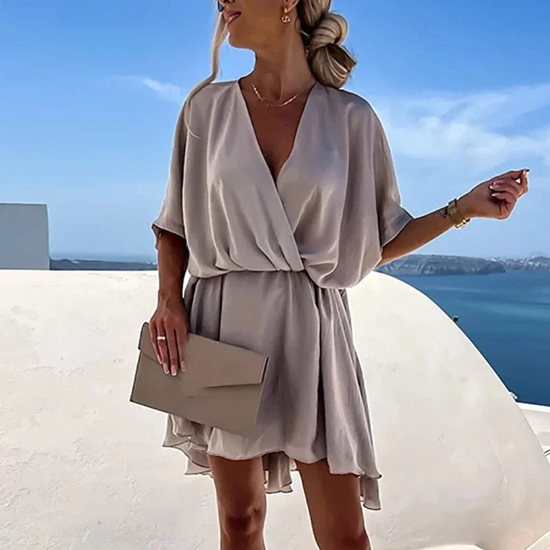 Exquisite Design SANDRA - BEIGE BOHO V-NECK DRESS