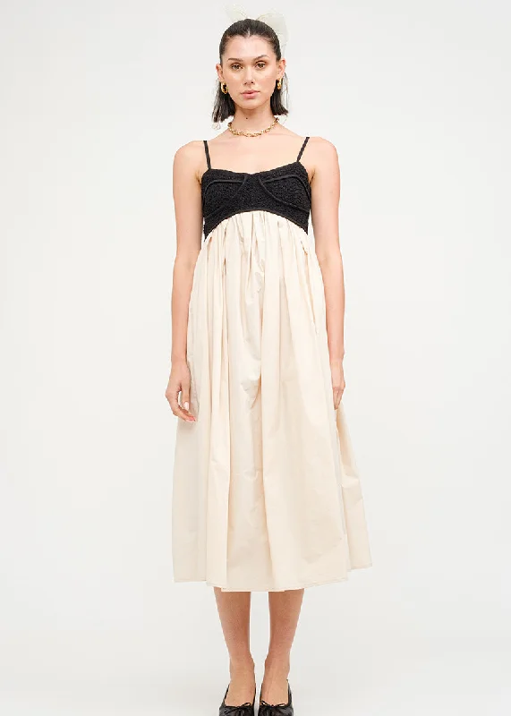 Elegant Wear Minna Smocked Midi Dress - Black & Natural